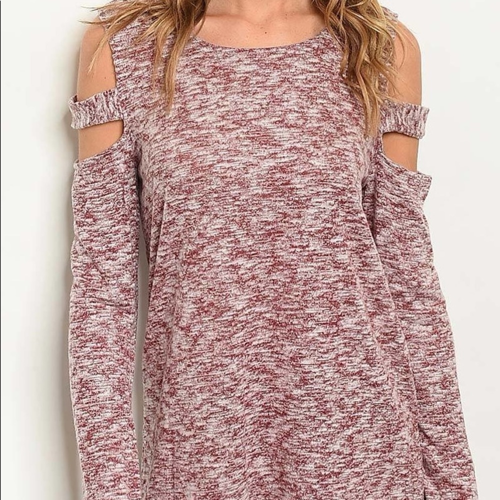 Burgundy Cold Shoulder Long Sleeve Top - Picture 4 of 5